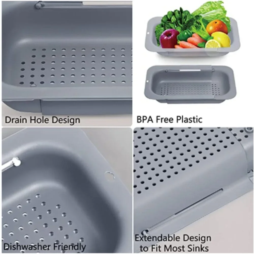 Extendable Over-the-Sink Kitchen Strainer - Colander Basket Set w/ Bowl  (Grey)